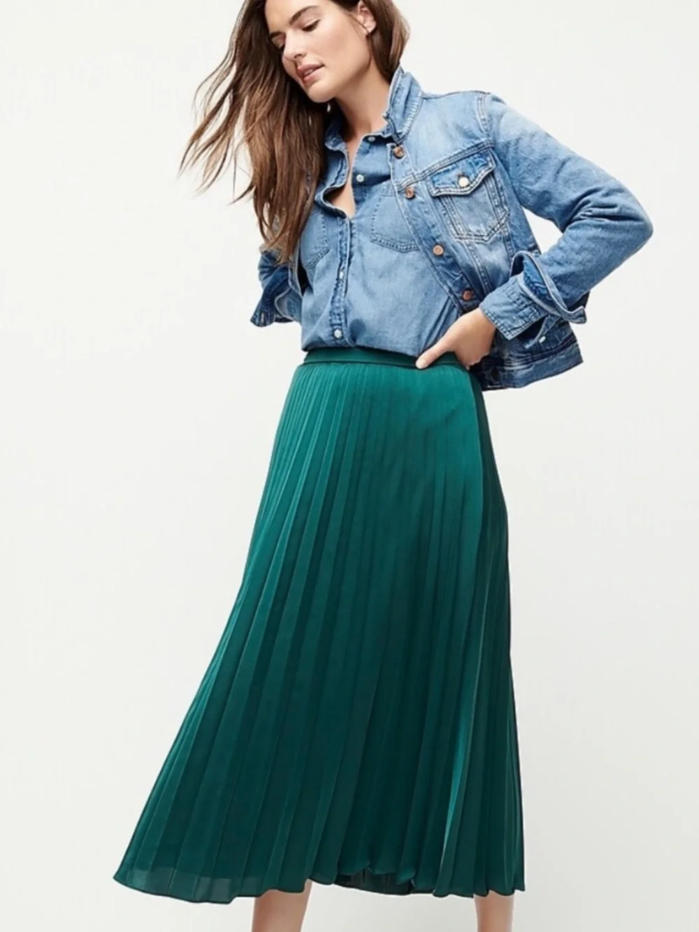New J.Crew Emerald Green Accordion Pleated Midi Skirt Size 2